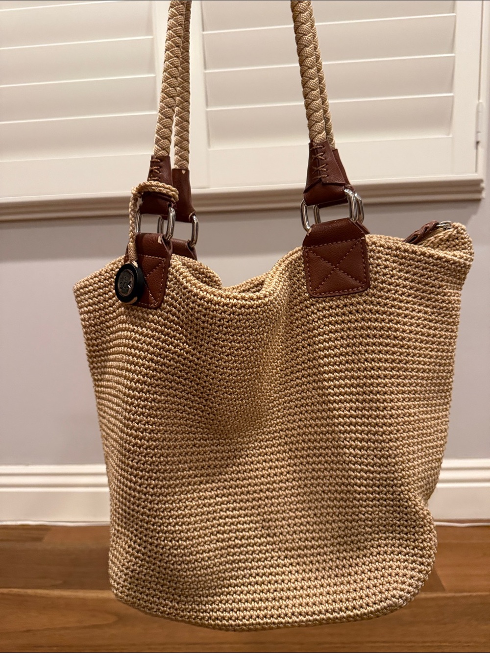 The Sak Beige Woven Tote with Brown Trim